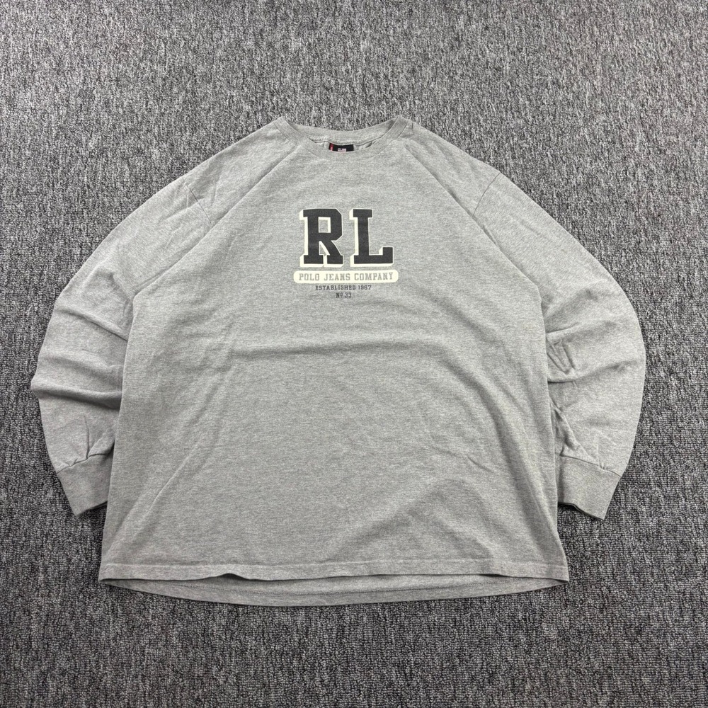 Vintage 90s Ralph Lauren Polo Jeans Long Sleeve Graphic T-Shirt Grey Men 2XL